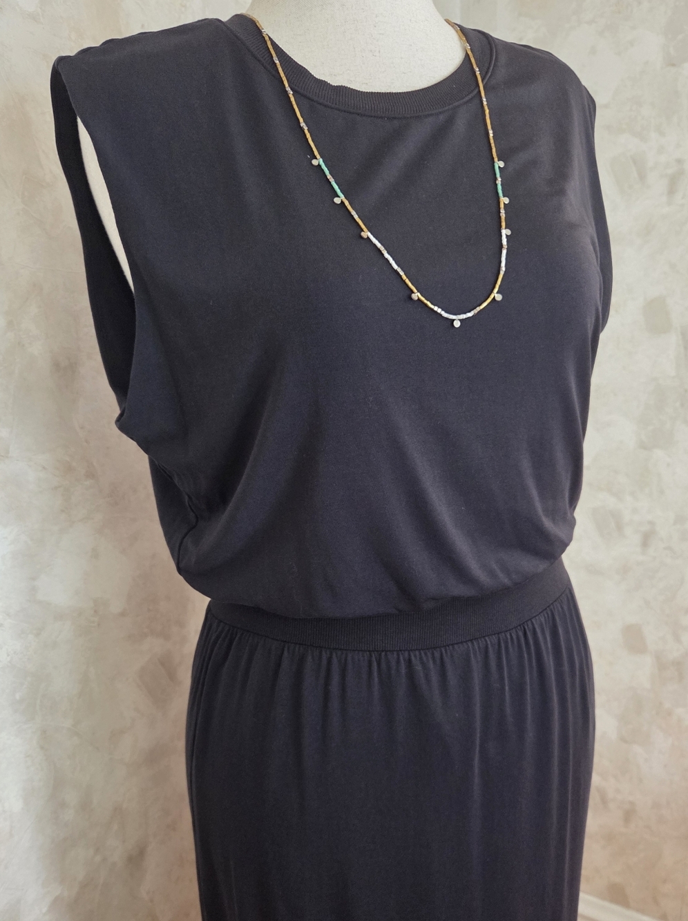 Athleta Santorini Cinch Dress Black Modal Soft Midi Sleeveless Size Large